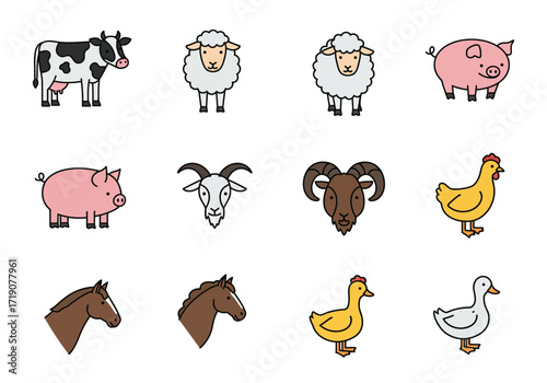 Cartoon farm animals in a 3x4 grid with cow sheep pig goat horse chicken and duck