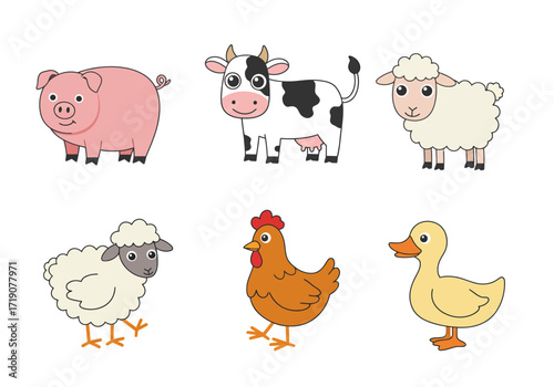Cartoon farm animals pig cow sheep chicken and duck stand against a white background