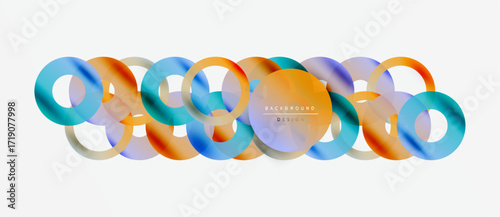 Abstract colorful overlapping circles create modern design. Gradient hues blend, forming dynamic visual composition. Minimalist background enhances shapes.