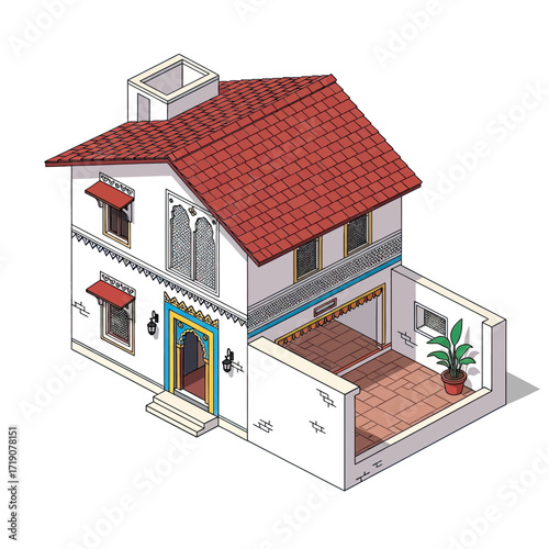 Charming Mediterranean villa design showcasing vibrant architectural details and sunny courtyard, perfect for travel and real estate concepts.