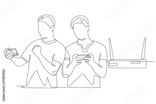 Friends playing mobile games are connected on the same network. Friends’ lan concept one-line drawing
