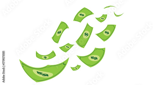 Flying green dollar bills money vector isolated on transparent background