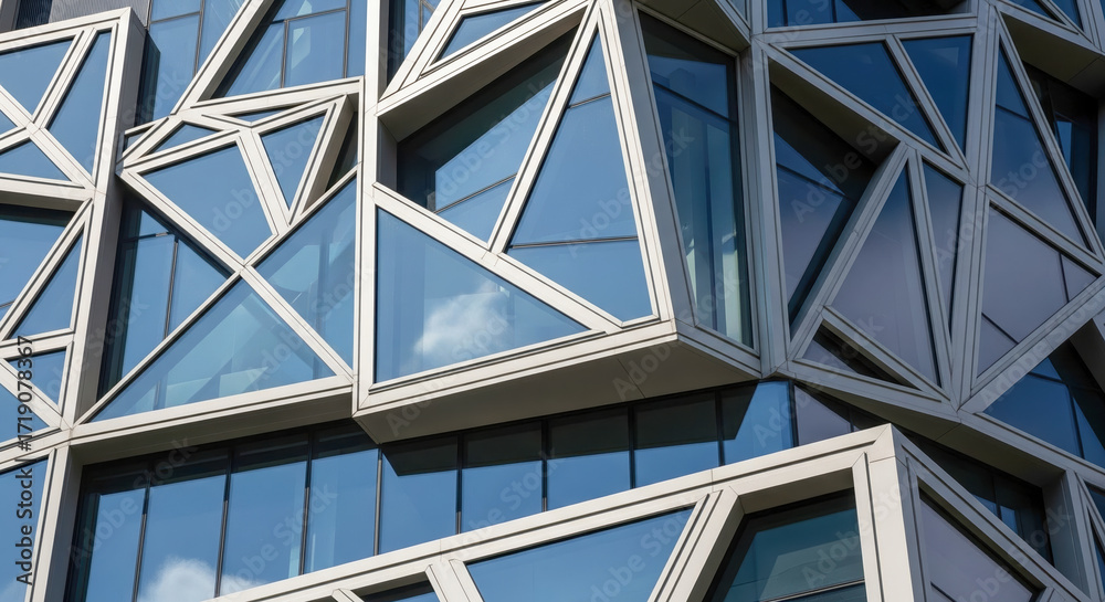 Obraz premium Detail of corporate building with reflections in windows, concept of success, innovation and urban development, real estate and construction.