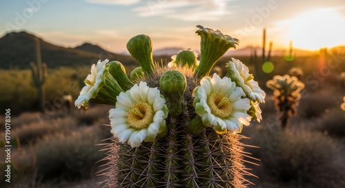 Stunning Saguaro Cactus Flowers Blooming in Golden Hour Light Across the Sonoran Desert Landscape at Sunset