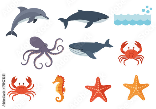 Image shows a collection of diverse sea creatures including whales a dolphin an octopus crabs a starfish and a seahorse