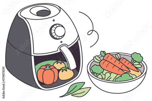 Non-toxic air fryer cooking vegetables, modern flat illustration style