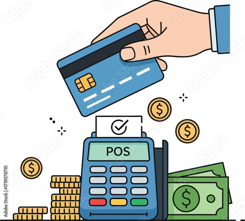 Vector art of hand using credit card with pos machine and money