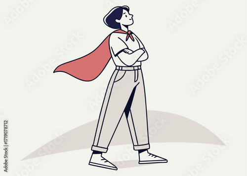Based character standing firm with arms crossed, modern flat illustration style