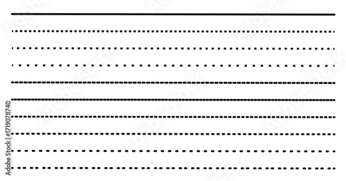 Set of straight dotted and dashed line vector elements isolated on transparent background