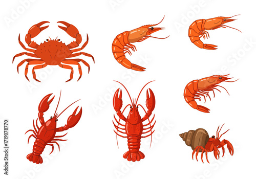 Seafood display crab shrimp lobsters hermit crab with shell