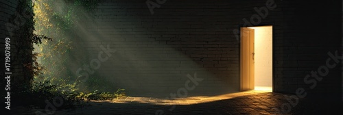 Sunbeams illuminate a dark, earthy room,  revealing a doorway glowing with light and overgrown vegetation near a cracked window