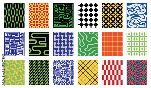 Colorful abstract geometric and wavy seamless pattern set vector illustration isolated on transparent background