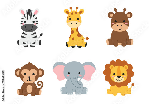 Six cartoon baby animal illustrations sit on a white background