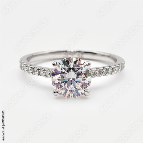 Solitaire diamond ring with a pave diamond band set in a white metal.  The ring features a brilliant-cut central diamond and smaller diamonds around the band