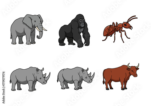 Six cartoon animals elephant gorilla ant two rhinos and a bull arranged on a white background