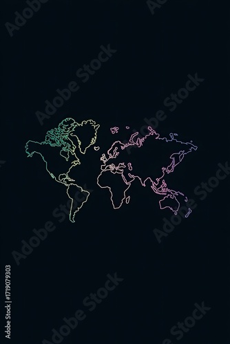 A stylized, multicolored world map outline on a dark background.  The continents are depicted with a gradient line effect