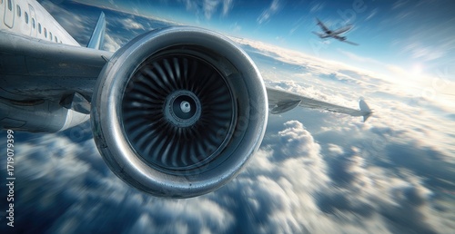 Airplane jet engine in flight above clouds