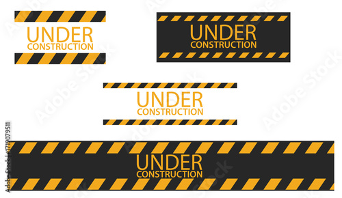 Under construction caution banner set vector illustration with yellow and black stripes isolated on transparent background