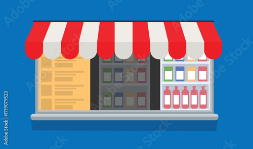 Flat design shop kiosk with awning and products vector illustration
