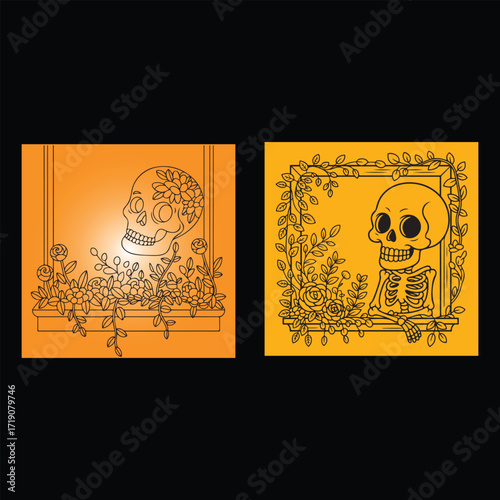Skull silhouette set line art floral frame vector art illustration