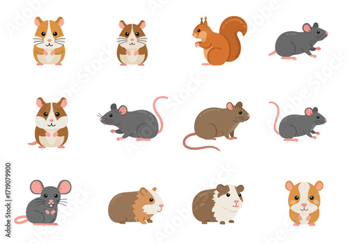 Twelve cartoon rodents hamsters mice a squirrel and guinea pigs