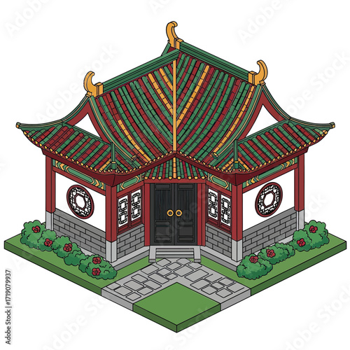 Elegant traditional East Asian pavilion with intricate roof details and manicured garden, perfect for cultural or architectural concepts.