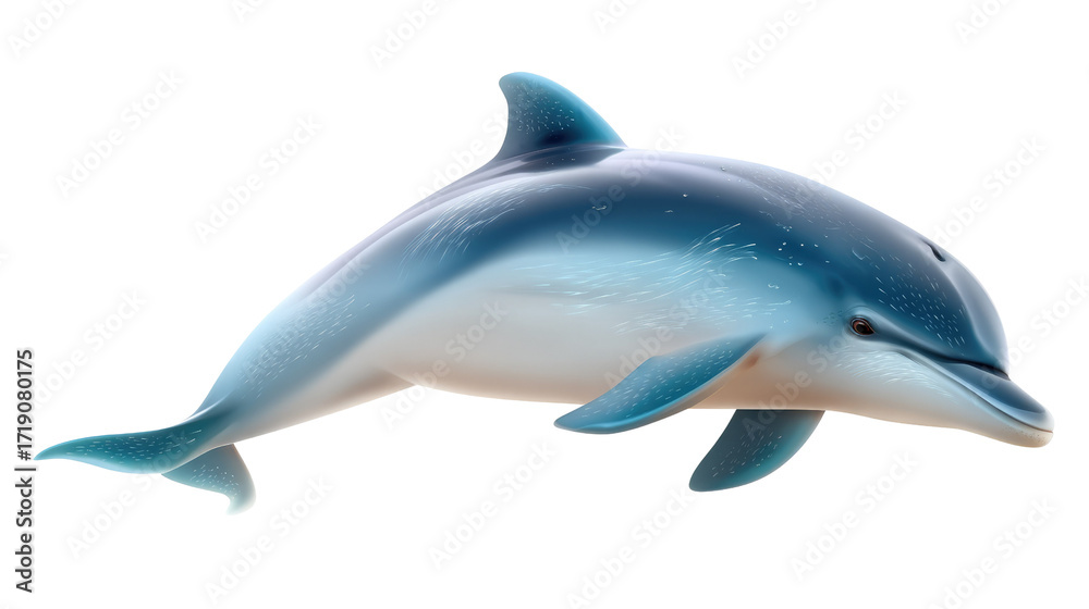 Obraz premium Oceanic Grace: A photorealistic portrait of a dolphin swims, its sleek body and serene expression capturing the majesty of the ocean.