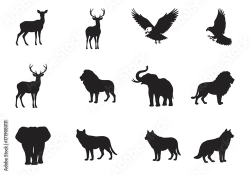 Wildlife silhouettes show deer eagles lions elephants and wolves