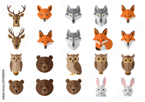 Vector graphics show stylized animal faces deer fox wolf owl bear rabbit arranged in a grid pattern
