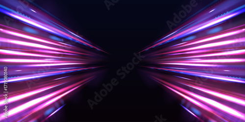 Dynamic neon waves ripple along a futuristic highway, blending electric blue and violet hues. Light trails streak smoothly, evoking a high-speed chase. The atmosphere pulses with energy.