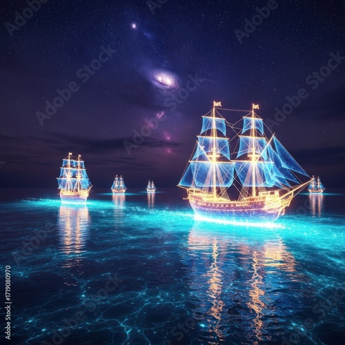 Magical Fleet of Glowing Galleons Navigating Bioluminescent Ocean Under a Vibrant Starry Night Sky and Distant Galaxy
