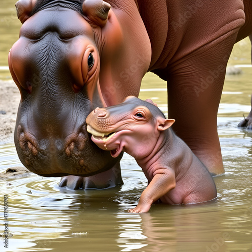 Baby hippopotamus nibbling mom