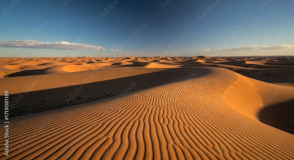 Naklejka premium Golden Hour over the Sahara: Serene Sand Dunes with Dramatic Shadows and Rippled Patterns Under a Clear Blue Sky