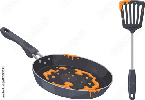Dirty pan and spatula kitchen cooking utensil illustration