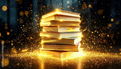 A stack of glowing golden books surrounded by sparkling light. The scene conveys a sense of knowledge and magic, ideal for educational themes.
