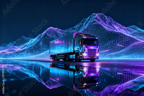 Futuristic truck on a digital landscape with neon waves and reflective surface