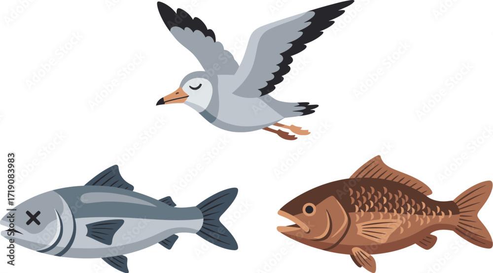Fototapeta premium Cartoon seagull and fish illustration vector graphic