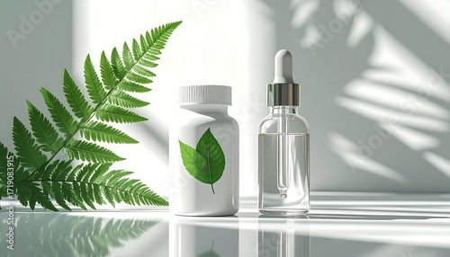 A white bottle with a green leaf logo and a clear dropper bottle stand beside a fern leaf on a reflective white surface with shadows.