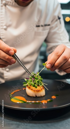 Chef meticulously garnishing a perfectly seared scallop dish with fresh microgreens and vibrant sauces, highlighting professional culinary plating and food styling.