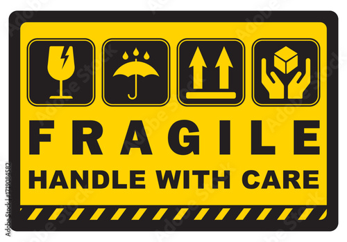 fragile sticker handle with care for delivery package yellow warning label side up and broken glass symbol