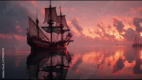 Realistic seascape at dawn with an old-world caravel sailing ship light fog reflective water elegant composition.