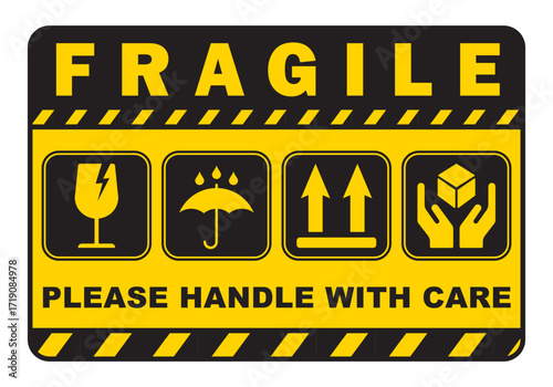 fragile sticker handle with care warning label for delivery package broken glass side up symbol isolated