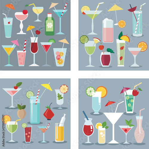 Cocktail Drinks Vector Illustration, Summer Party Beverages, Bar Glasses and Refreshing Juice Design