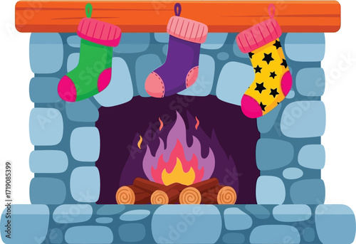 Christmas fireplace with stockings vector illustration
