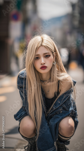Young Asian woman with long blonde hair poses stylishly in the street of a bustling city during the day