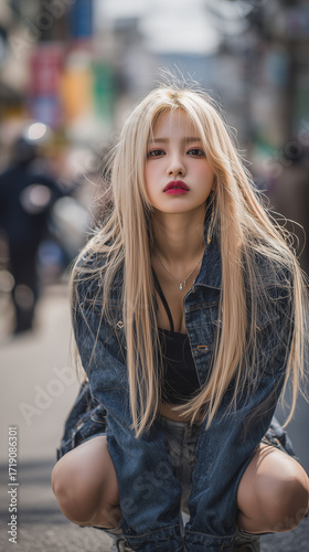 Young woman poses confidently on a busy street in Korea during daylight hours
