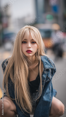 Stylish young woman in a denim jacket poses on a city street in Korea during a sunny day