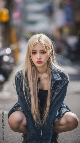 Stylish young Korean woman posing confidently in a city street during daytime