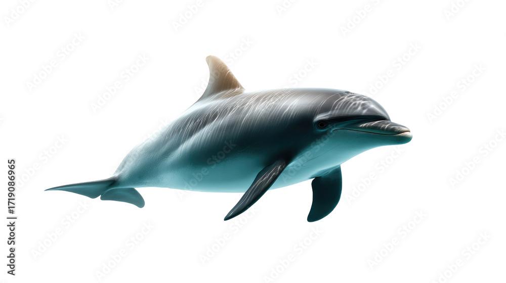 Fototapeta premium Graceful Dolphin in Ocean: A stunning capture of a solitary dolphin gracefully gliding through the tranquil depths, its sleek form and captivating features a testament to marine beauty.