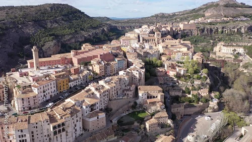 Drone view of the picturesque quarters of the city Cuenca. Castilla-La Mancha, Spain